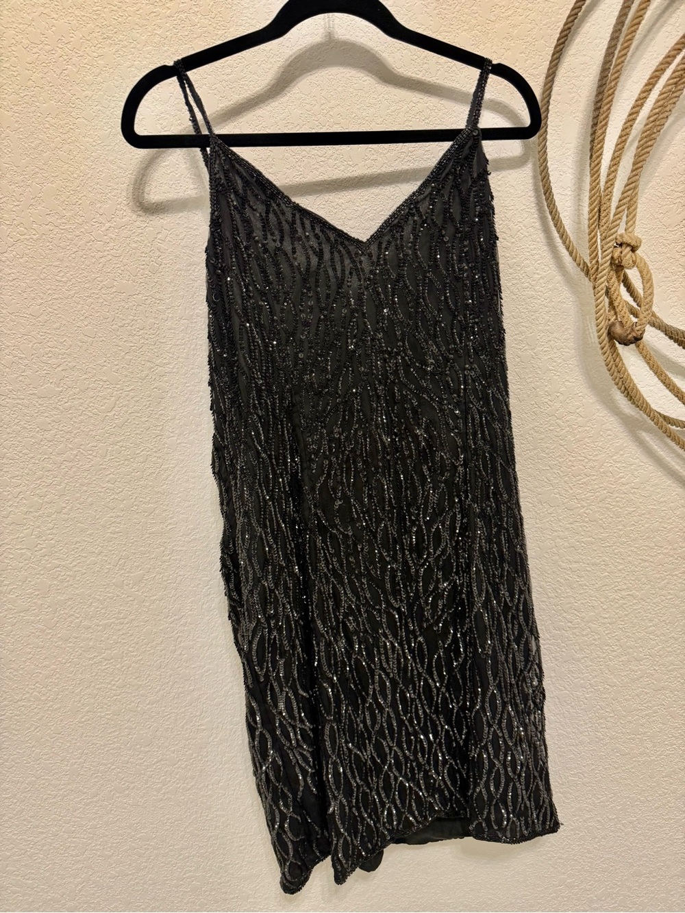 VTG Mark & John by Gopal 100% Silk Beaded & Sequined Little Black Slip Dress XL